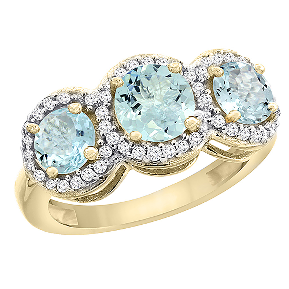 14K Yellow Gold Natural Aquamarine Round 3-stone Ring Diamond Accents, sizes 5 - 10