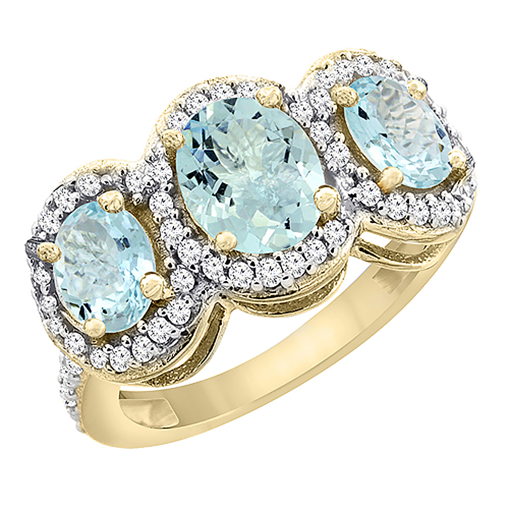 14K Yellow Gold Natural Aquamarine 3-Stone Ring Oval Diamond Accent, sizes 5 - 10