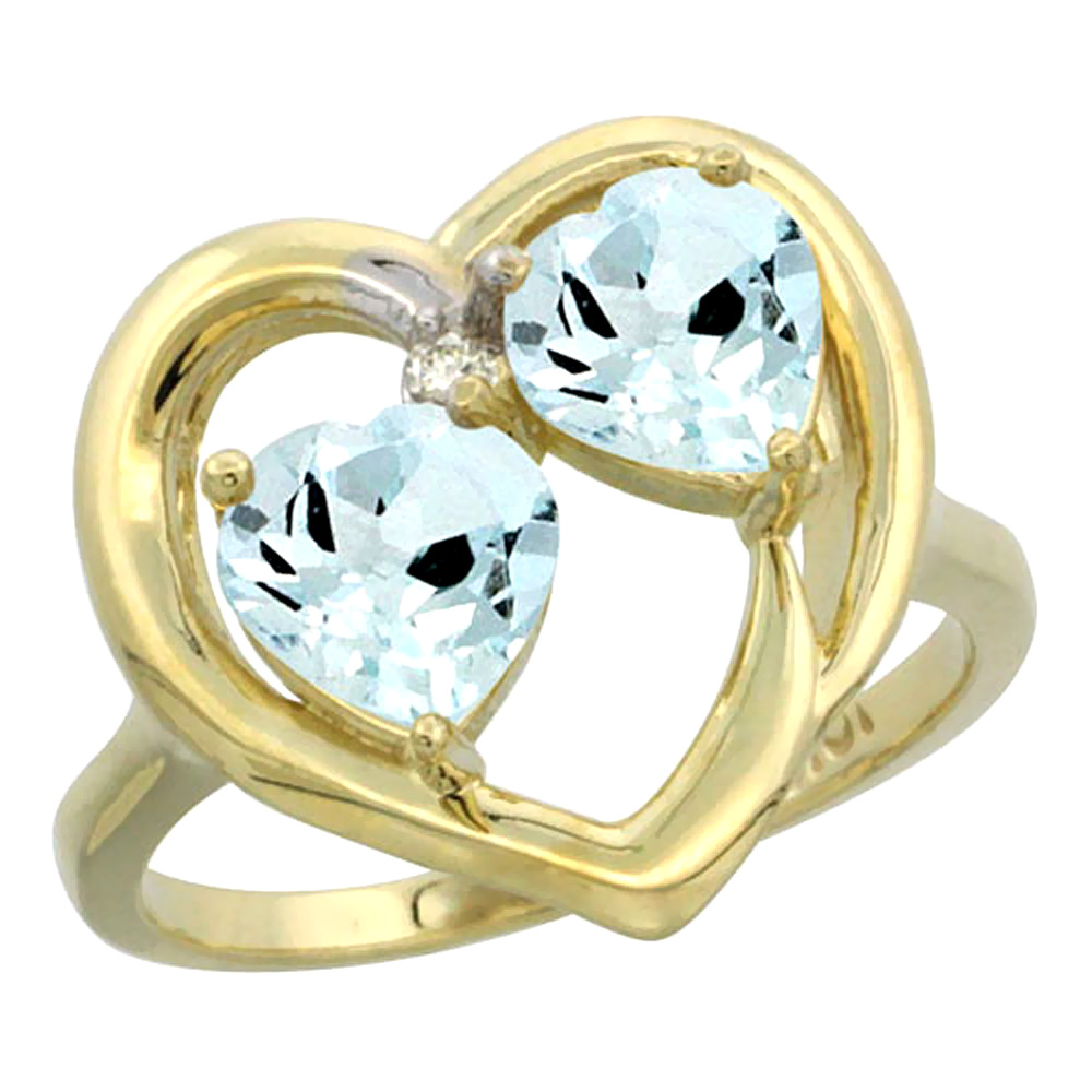 14K Yellow Gold Diamond Two-stone Heart Ring 6mm Natural Aquamarine, sizes 5-10