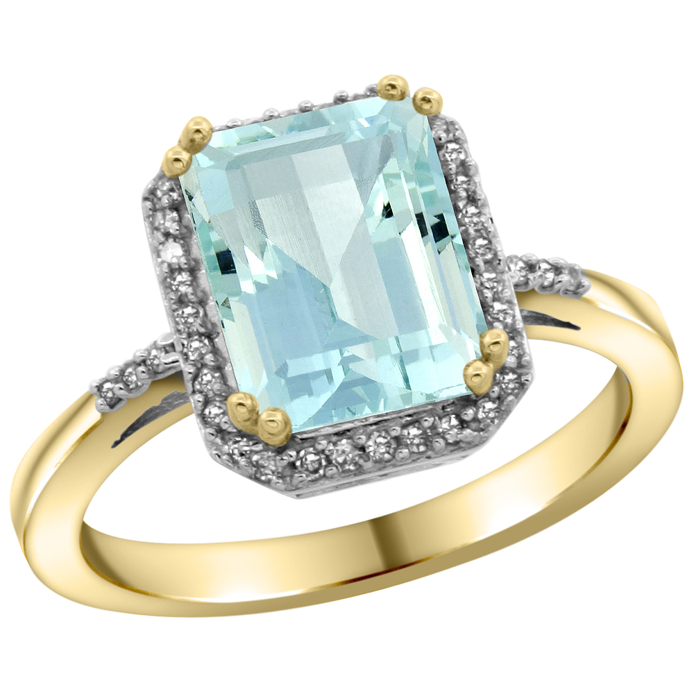 14K Yellow Gold Diamond Natural Aquamarine Ring Emerald-cut 9x7mm, sizes 5-10