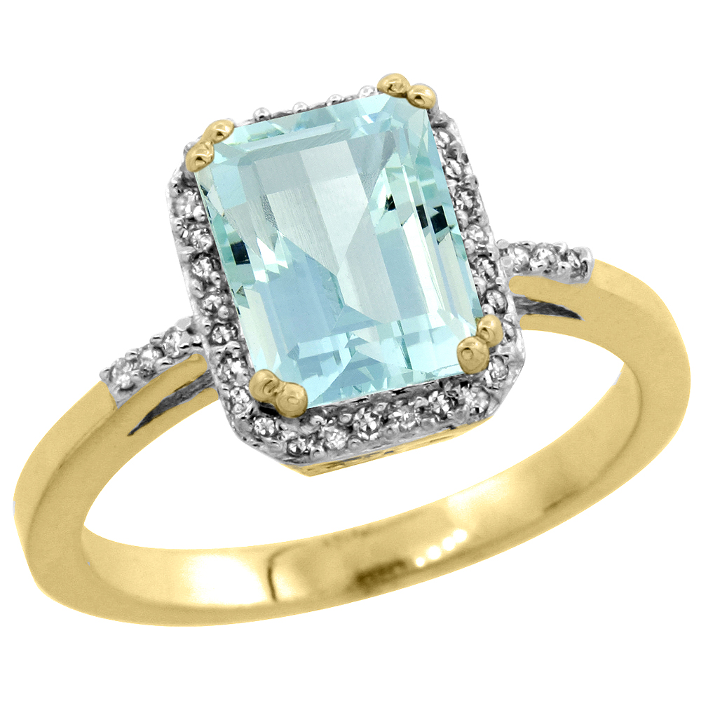 10K Yellow Gold Diamond Natural Aquamarine Ring Emerald-cut 8x6mm, sizes 5-10