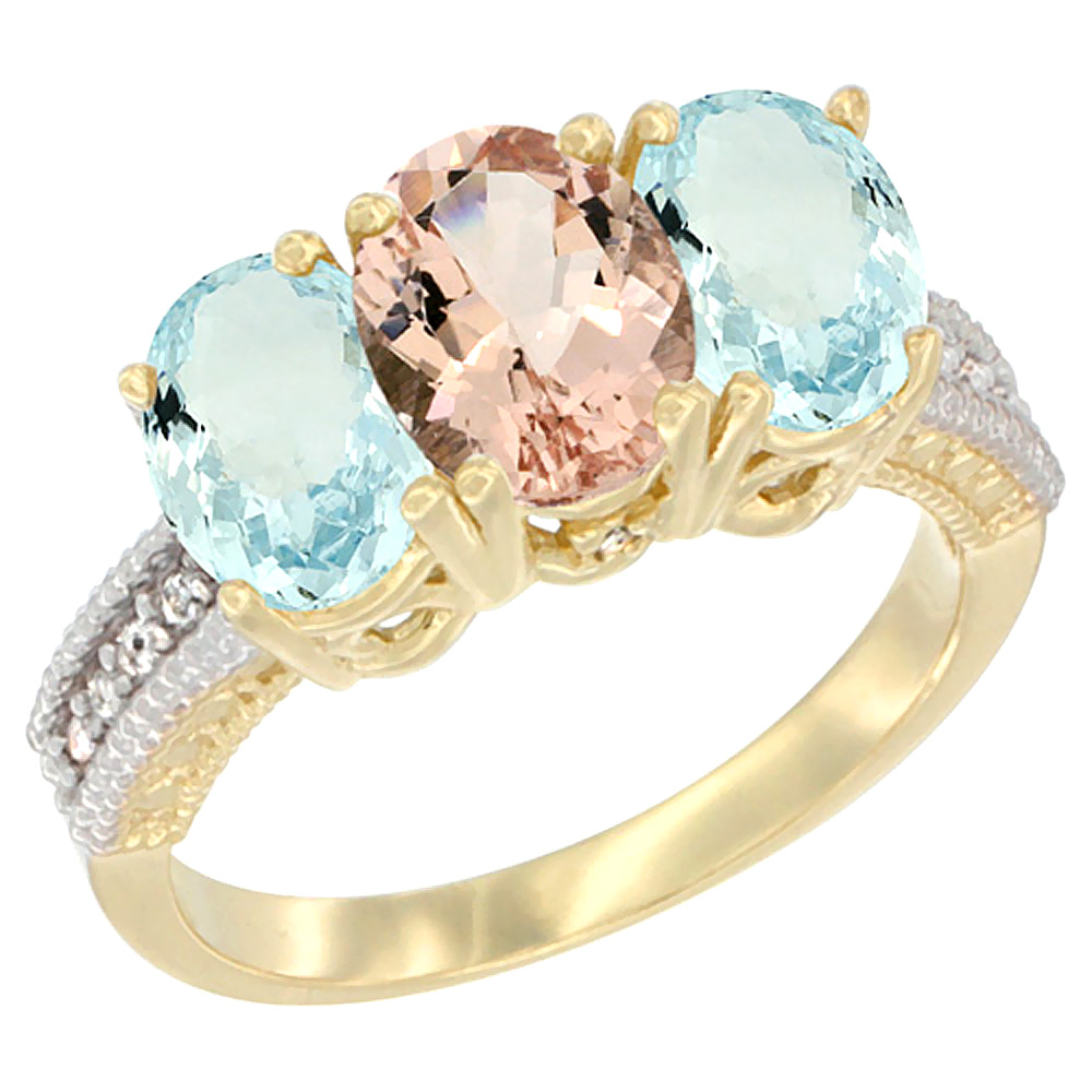 14K Yellow Gold Natural Morganite & Aquamarine Sides Ring 3-Stone Oval 7x5 mm Diamond Accent, sizes 5 - 10