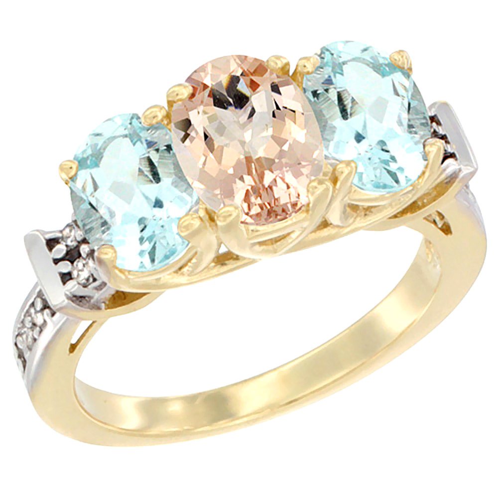10K Yellow Gold Natural Morganite &amp; Aquamarine Sides Ring 3-Stone Oval Diamond Accent, sizes 5 - 10
