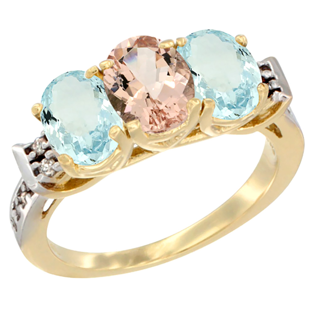 10K Yellow Gold Natural Morganite & Aquamarine Sides Ring 3-Stone Oval 7x5 mm Diamond Accent, sizes 5 - 10