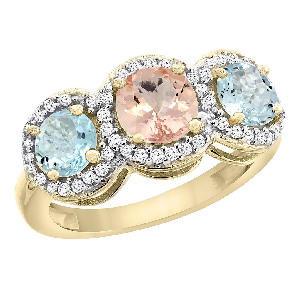 14K Yellow Gold Natural Morganite & Aquamarine Sides Round 3-stone Ring Diamond Accents, sizes 5 - 10