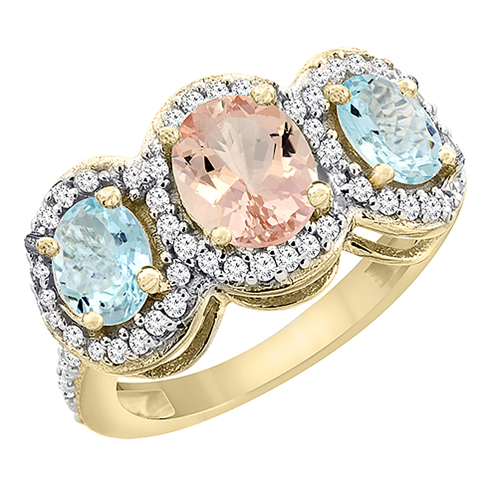 14K Yellow Gold Natural Morganite & Aquamarine 3-Stone Ring Oval Diamond Accent, sizes 5 - 10