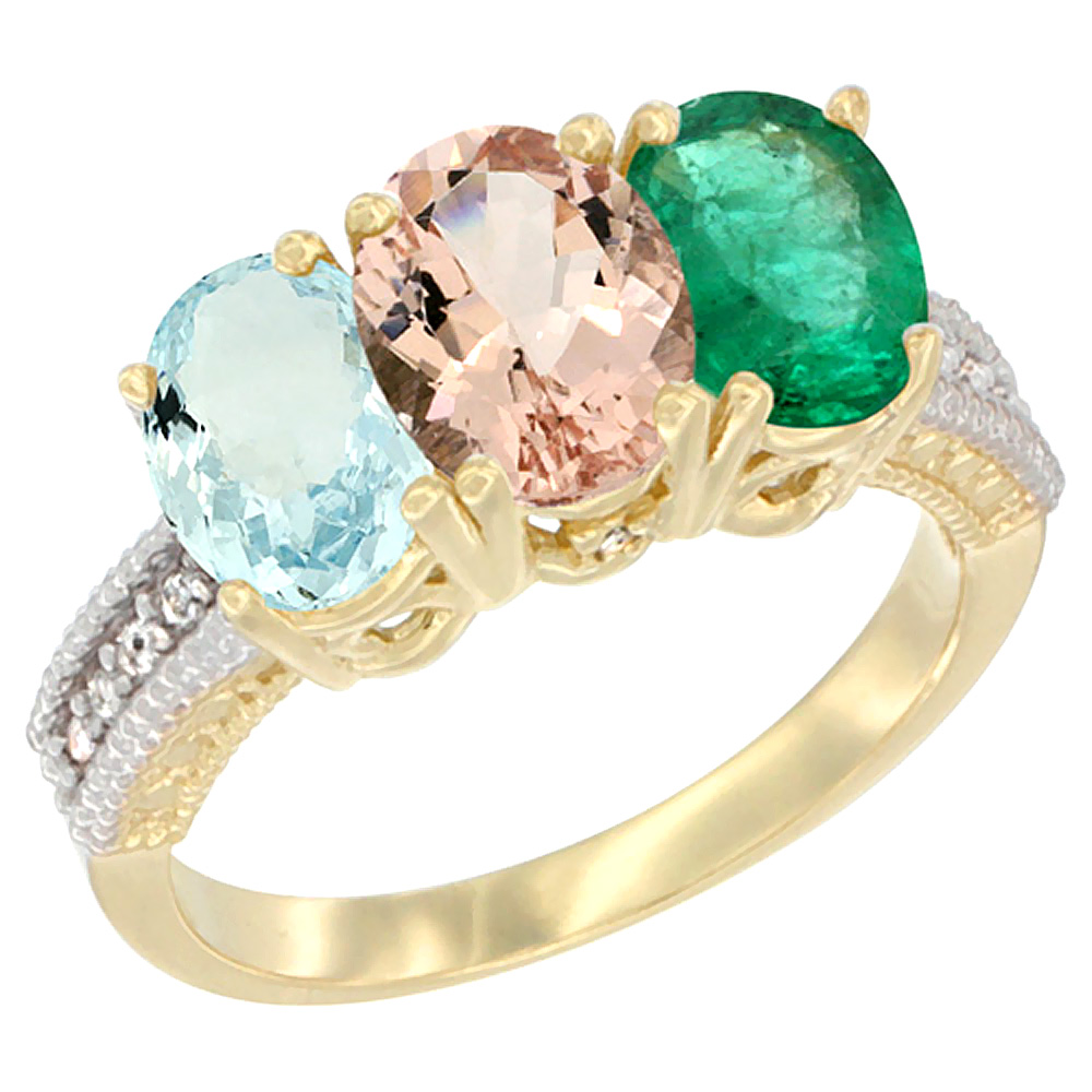 14K Yellow Gold Natural Aquamarine, Morganite & Emerald Ring 3-Stone Oval 7x5 mm Diamond Accent, sizes 5 - 10