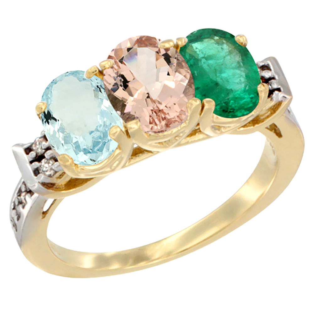 10K Yellow Gold Natural Aquamarine, Morganite & Emerald Ring 3-Stone Oval 7x5 mm Diamond Accent, sizes 5 - 10