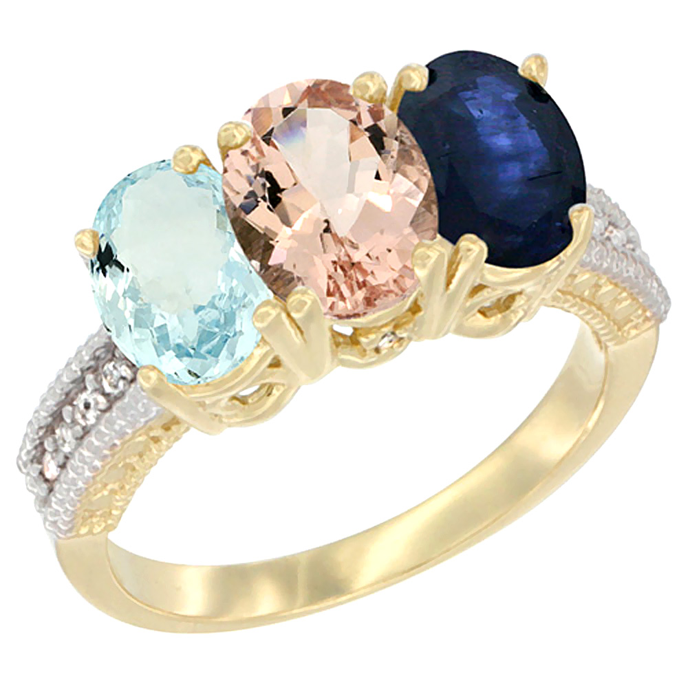 10K Yellow Gold Natural Aquamarine, Morganite & Blue Sapphire Ring 3-Stone Oval 7x5 mm, sizes 5 - 10