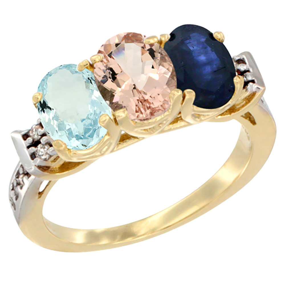 10K Yellow Gold Natural Aquamarine, Morganite &amp; Blue Sapphire Ring 3-Stone Oval 7x5 mm Diamond Accent, sizes 5 - 10