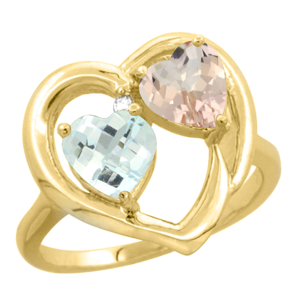 10K Yellow Gold Diamond Two-stone Heart Ring 6mm Natural Aquamarine &amp; Morganite, sizes 5-10