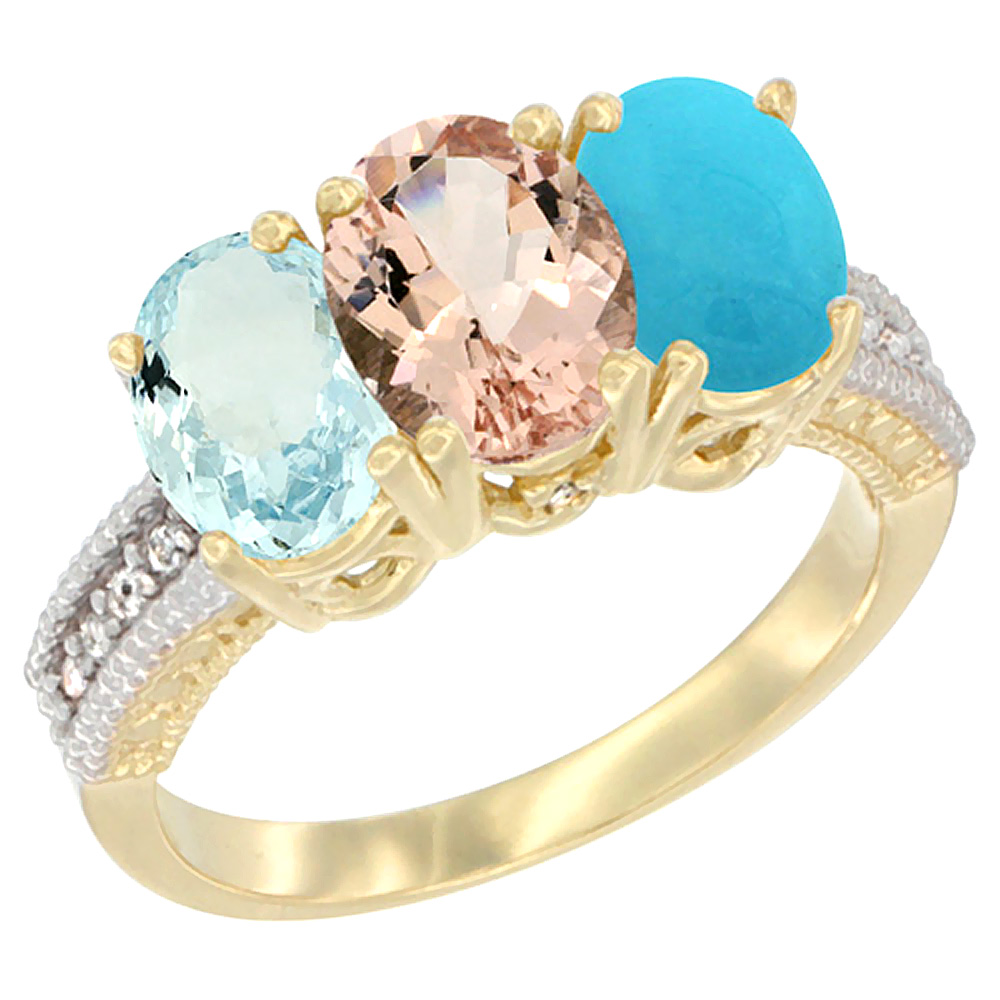 14K Yellow Gold Natural Aquamarine, Morganite &amp; Turquoise Ring 3-Stone Oval 7x5 mm Diamond Accent, sizes 5 - 10
