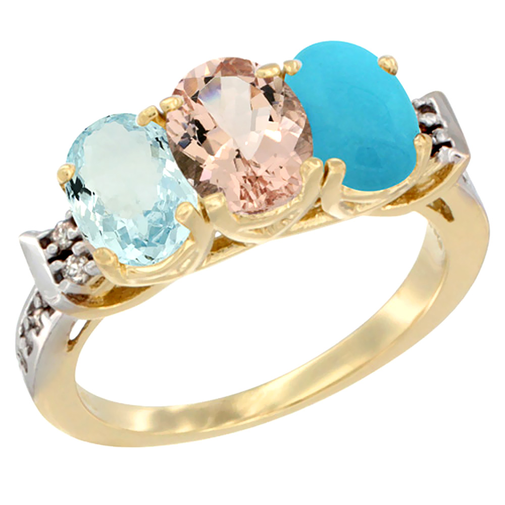 10K Yellow Gold Natural Aquamarine, Morganite & Turquoise Ring 3-Stone Oval 7x5 mm Diamond Accent, sizes 5 - 10
