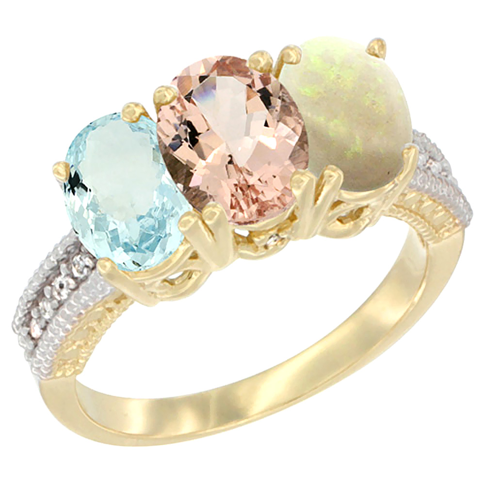 14K Yellow Gold Natural Aquamarine, Morganite & Opal Ring 3-Stone Oval 7x5 mm Diamond Accent, sizes 5 - 10