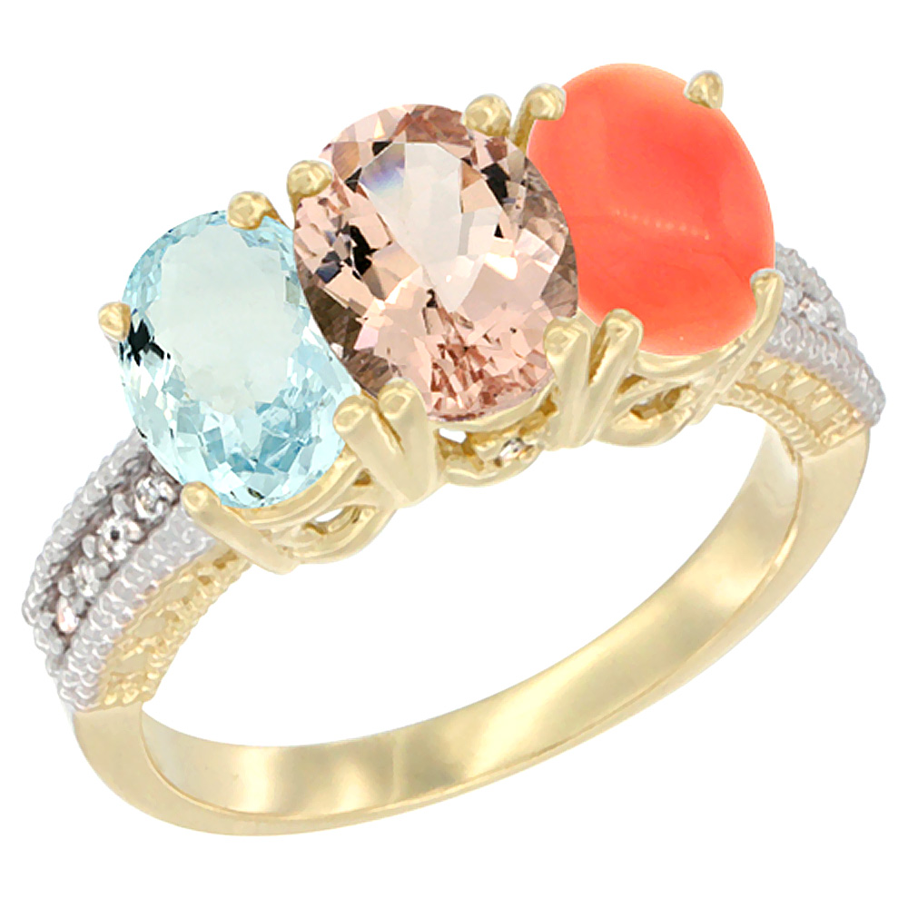 14K Yellow Gold Natural Aquamarine, Morganite & Coral Ring 3-Stone Oval 7x5 mm Diamond Accent, sizes 5 - 10