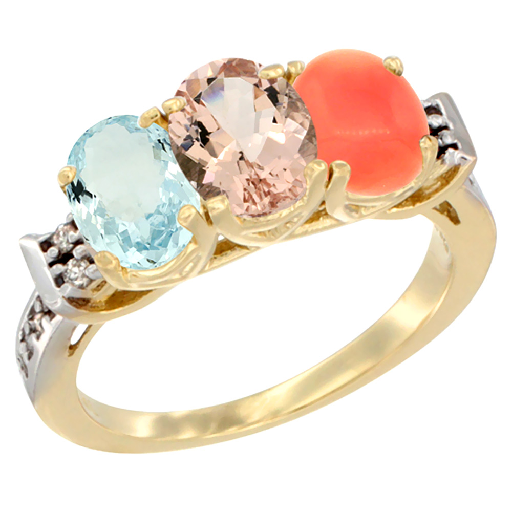 14K Yellow Gold Natural Aquamarine, Morganite & Coral Ring 3-Stone Oval 7x5 mm Diamond Accent, sizes 5 - 10