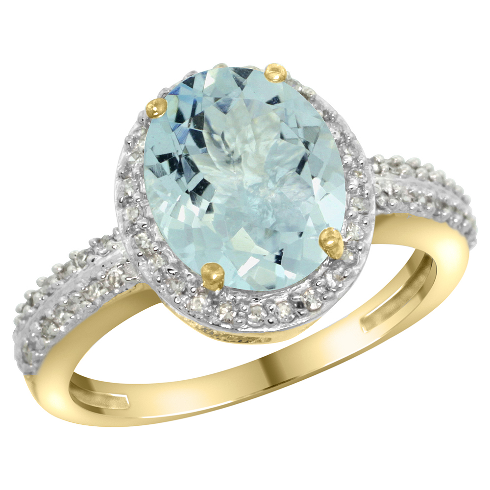 14K Yellow Gold Diamond Natural Aquamarine Engagement Ring Oval 10x8mm, sizes 5-10