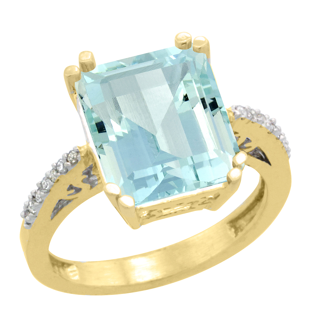 14K Yellow Gold Diamond Natural Aquamarine Ring Emerald-cut 12x10mm, sizes 5-10