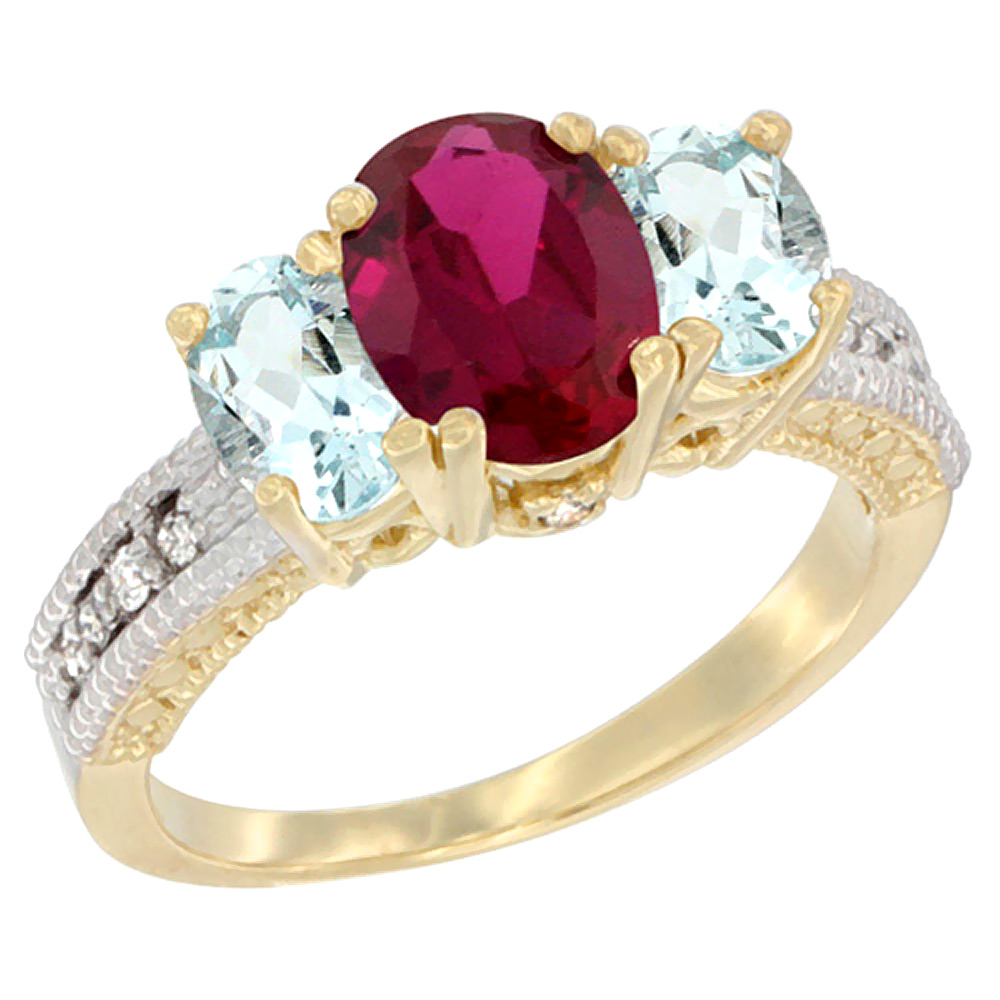 14K Yellow Gold Diamond Quality Ruby 7x5mm &amp; 6x4mm Aquamarine Oval 3-stone Mothers Ring,size 5 - 10