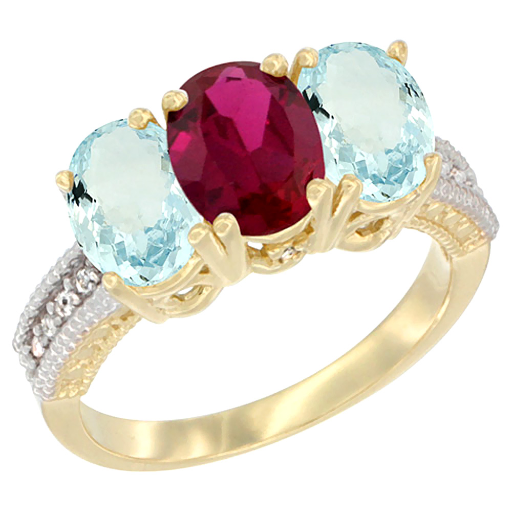10K Yellow Gold Enhanced Ruby &amp; Natural Aquamarine Ring 3-Stone Oval 7x5 mm, sizes 5 - 10