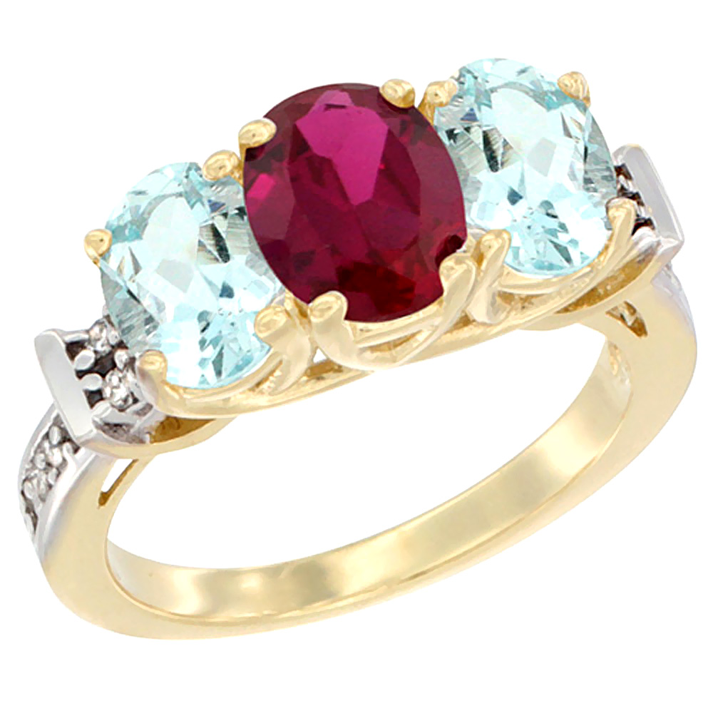 10K Yellow Gold Enhanced Ruby &amp; Aquamarine Sides Ring 3-Stone Oval Diamond Accent, sizes 5 - 10