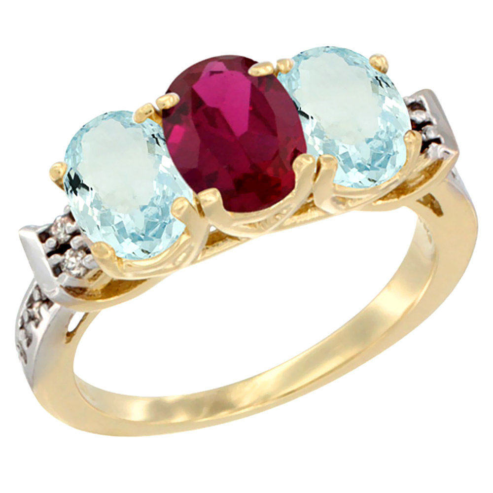 10K Yellow Gold Enhanced Ruby &amp; Natural Aquamarine Sides Ring 3-Stone Oval 7x5 mm Diamond Accent, sizes 5 - 10