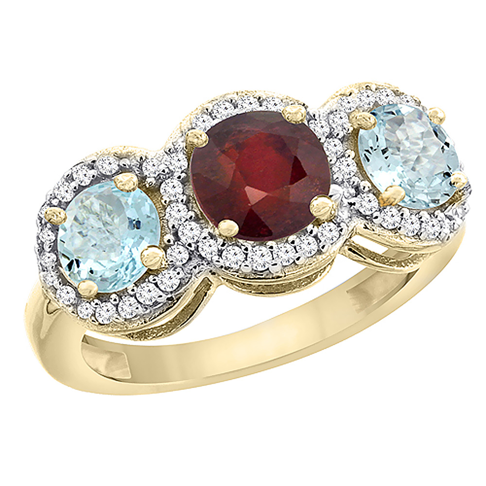 14K Yellow Gold Enhanced Ruby & Aquamarine Sides Round 3-stone Ring Diamond Accents, sizes 5 - 10