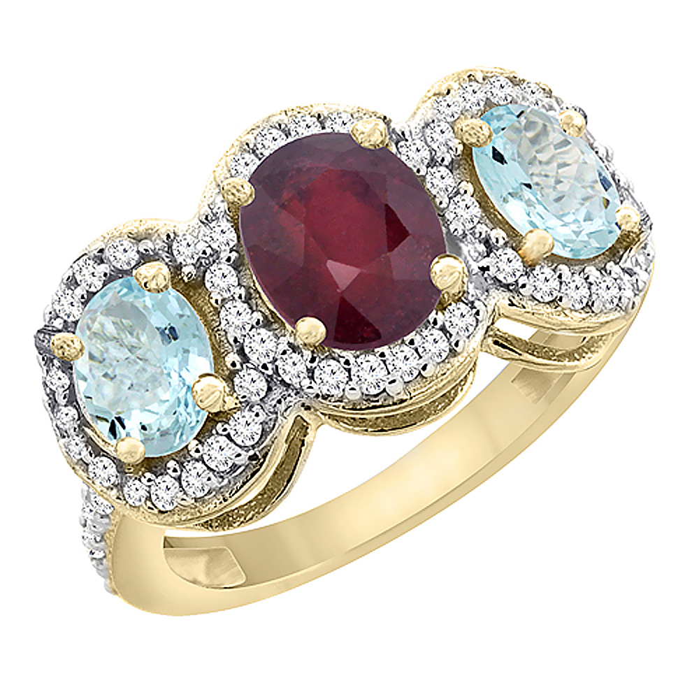 10K Yellow Gold Natural Quality Ruby &amp; Aquamarine 3-stone Mothers Ring Oval Diamond Accent, size 5 - 10
