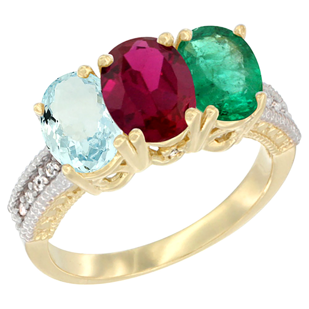 10K Yellow Gold Natural Aquamarine, Enhanced Ruby &amp; Emerald Ring 3-Stone Oval 7x5 mm, sizes 5 - 10