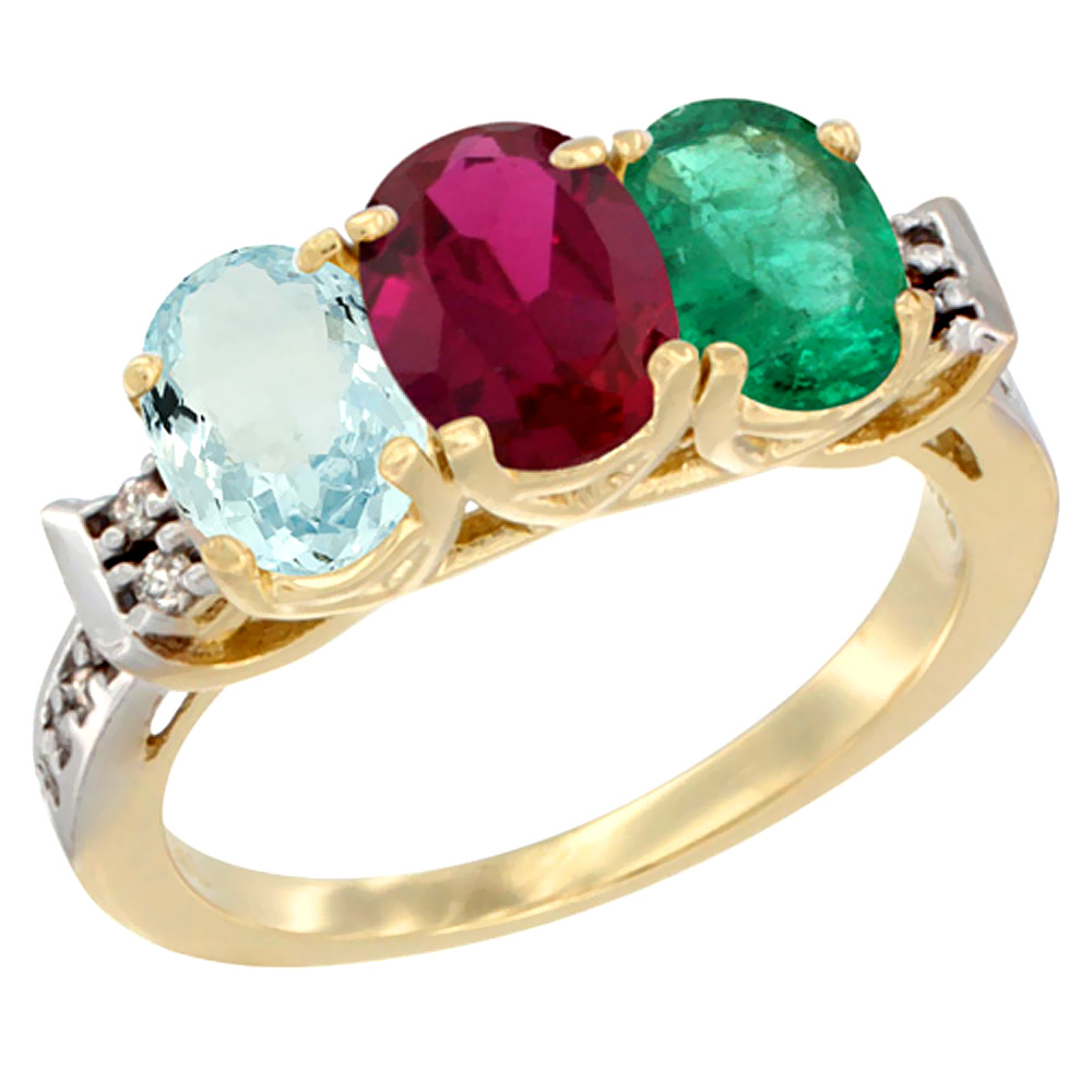 10K Yellow Gold Natural Aquamarine, Enhanced Ruby &amp; Natural Emerald Ring 3-Stone Oval 7x5 mm Diamond Accent, sizes 5 - 10