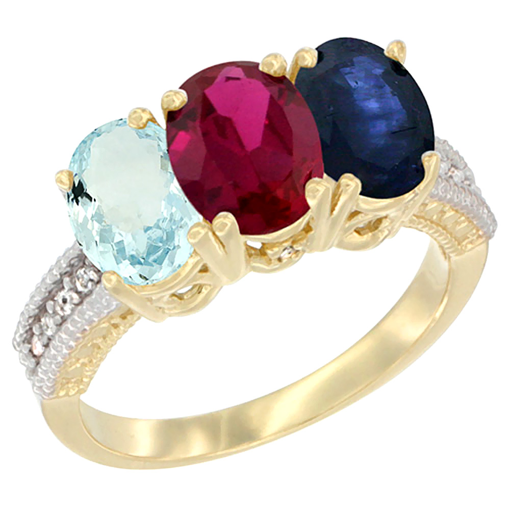 14K Yellow Gold Natural Aquamarine, Enhanced Ruby & Natural Blue Sapphire Ring 3-Stone Oval 7x5 mm Diamond Accent, sizes 5 - 10