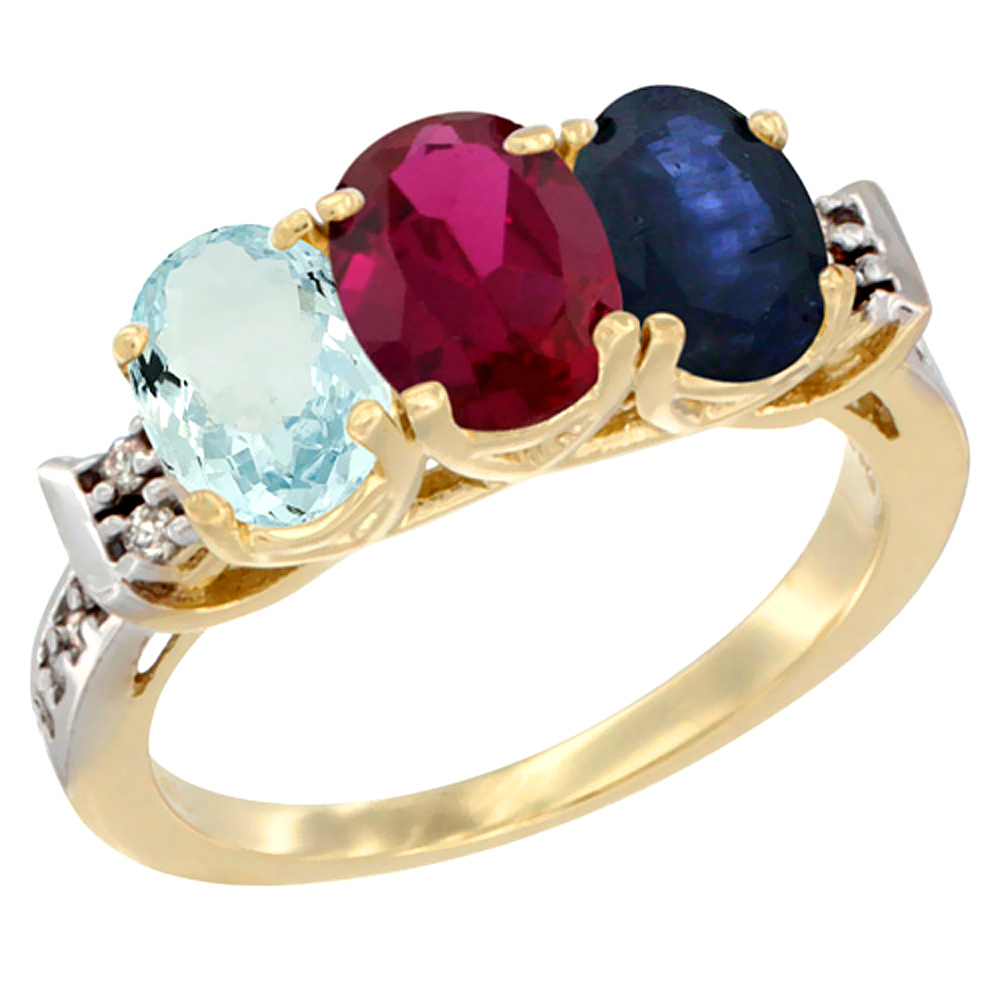 14K Yellow Gold Natural Aquamarine, Enhanced Ruby &amp; Natural Blue Sapphire Ring 3-Stone Oval 7x5 mm Diamond Accent, sizes 5 - 10
