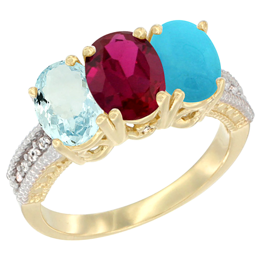 10K Yellow Gold Natural Aquamarine, Enhanced Ruby &amp; Turquoise Ring 3-Stone Oval 7x5 mm, sizes 5 - 10