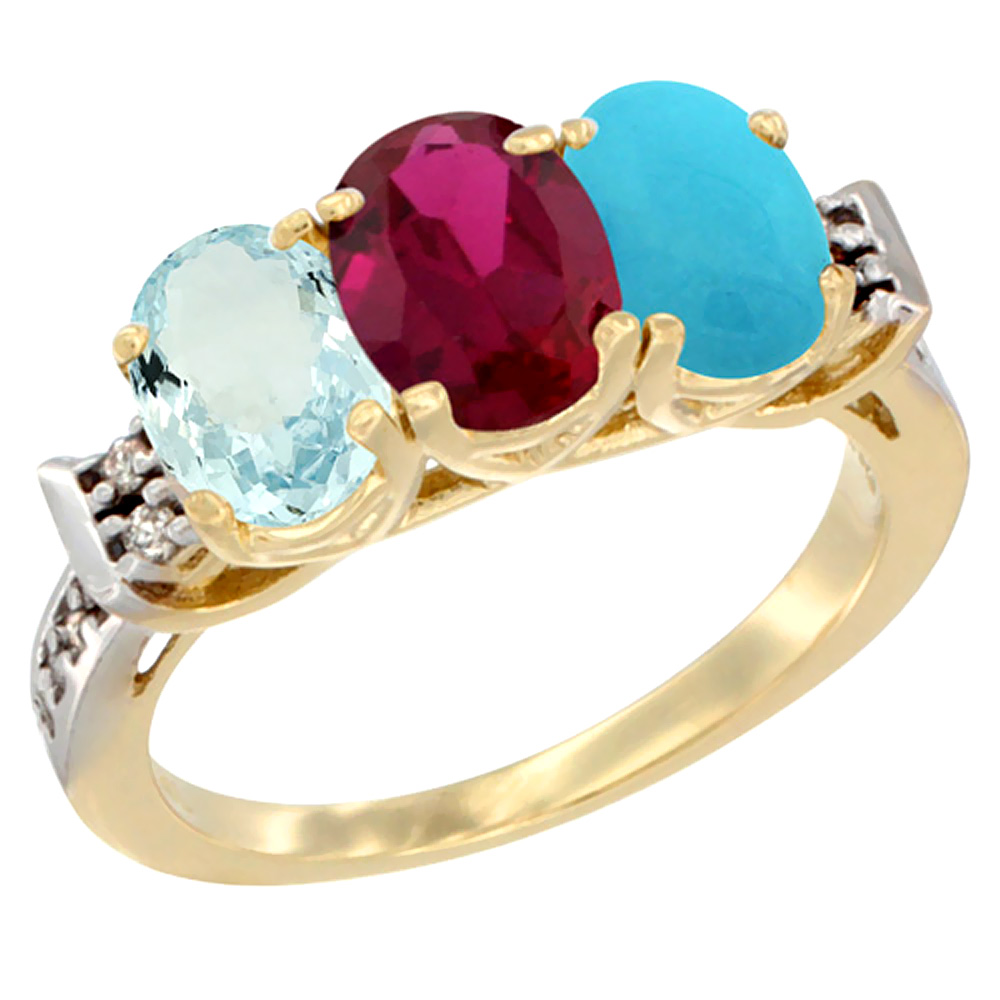 10K Yellow Gold Natural Aquamarine, Enhanced Ruby &amp; Natural Turquoise Ring 3-Stone Oval 7x5 mm Diamond Accent, sizes 5 - 10