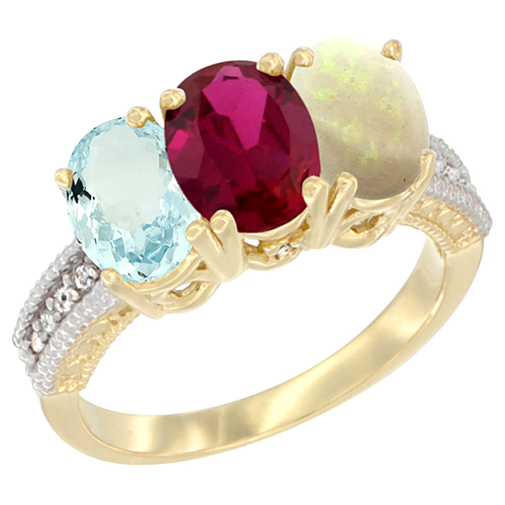 14K Yellow Gold Natural Aquamarine, Enhanced Ruby & Natural Opal Ring 3-Stone Oval 7x5 mm Diamond Accent, sizes 5 - 10
