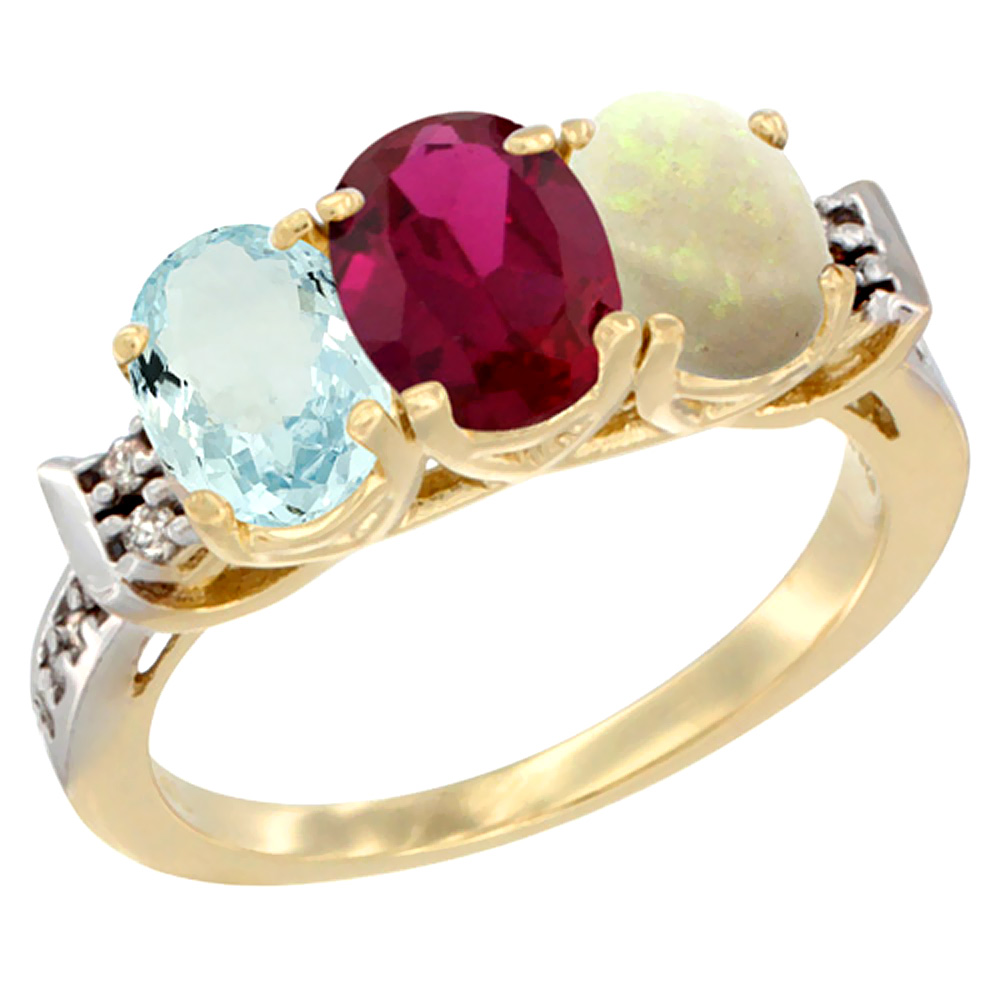 10K Yellow Gold Natural Aquamarine, Enhanced Ruby & Natural Opal Ring 3-Stone Oval 7x5 mm Diamond Accent, sizes 5 - 10