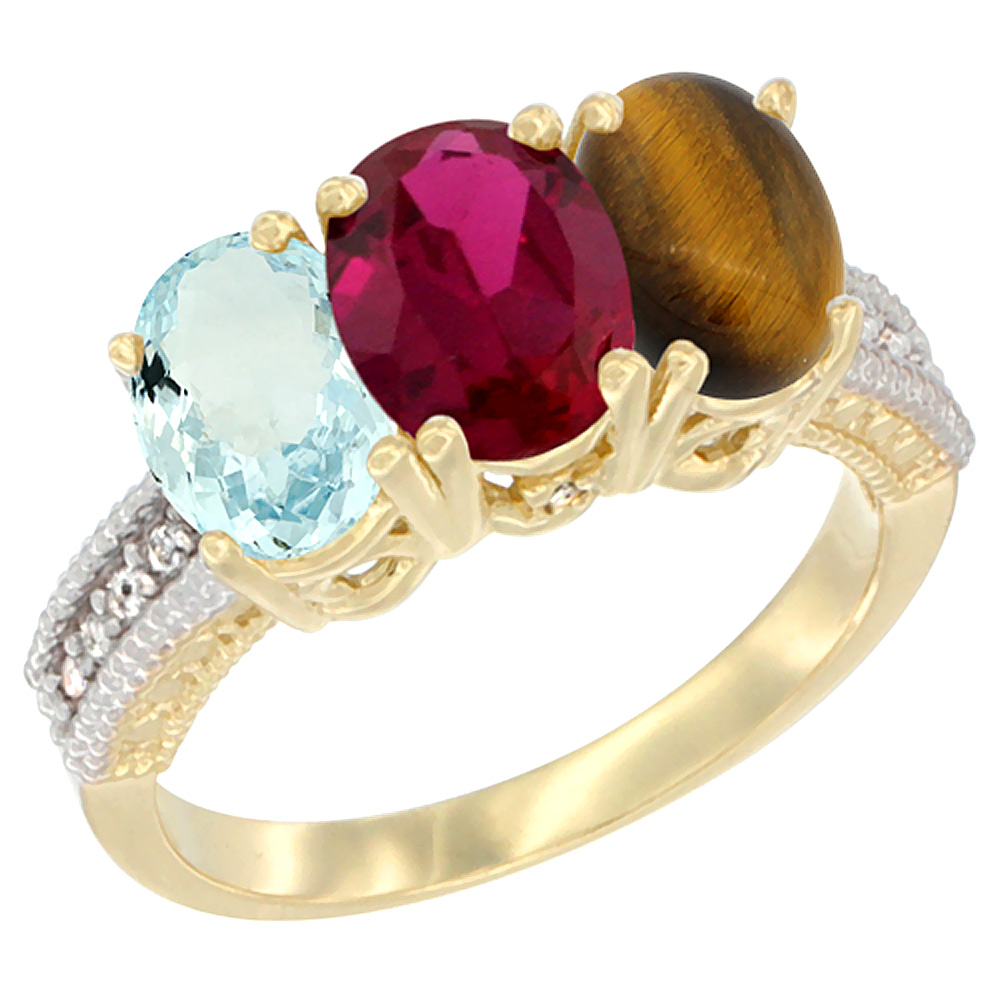 14K Yellow Gold Natural Aquamarine, Enhanced Ruby &amp; Natural Tiger Eye Ring 3-Stone Oval 7x5 mm Diamond Accent, sizes 5 - 10