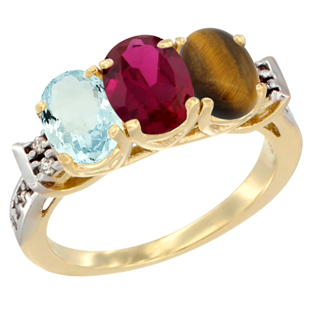 10K Yellow Gold Natural Aquamarine, Enhanced Ruby & Natural Tiger Eye Ring 3-Stone Oval 7x5 mm Diamond Accent, sizes 5 - 10