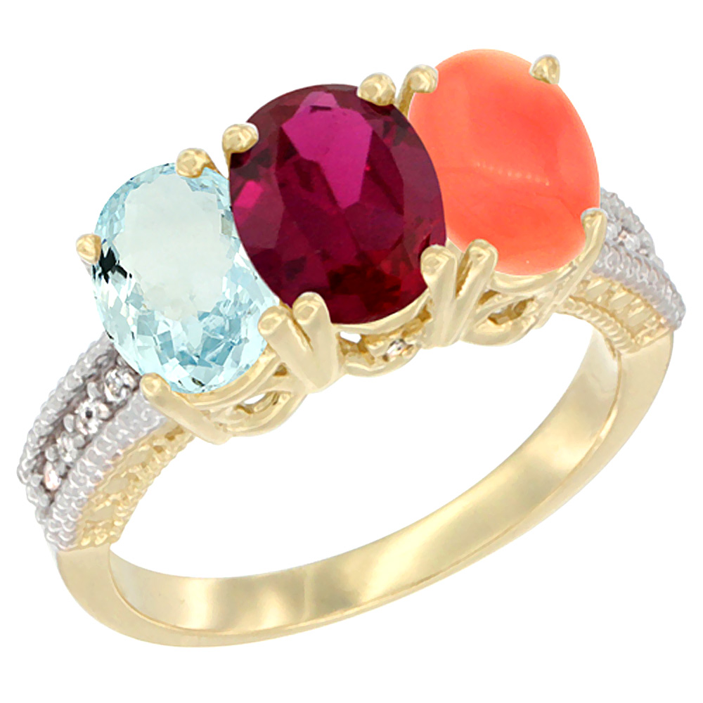 14K Yellow Gold Natural Aquamarine, Enhanced Ruby & Natural Coral Ring 3-Stone Oval 7x5 mm Diamond Accent, sizes 5 - 10