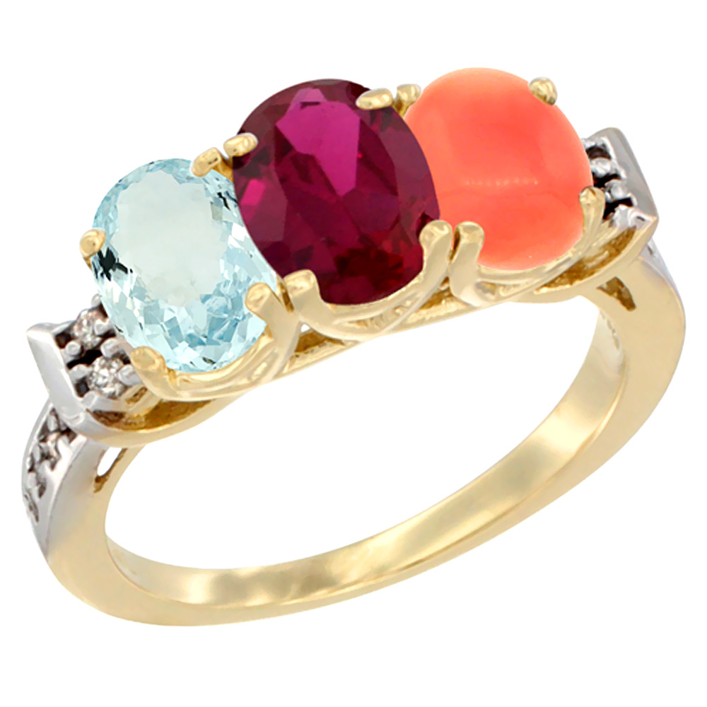 10K Yellow Gold Natural Aquamarine, Enhanced Ruby &amp; Natural Coral Ring 3-Stone Oval 7x5 mm Diamond Accent, sizes 5 - 10