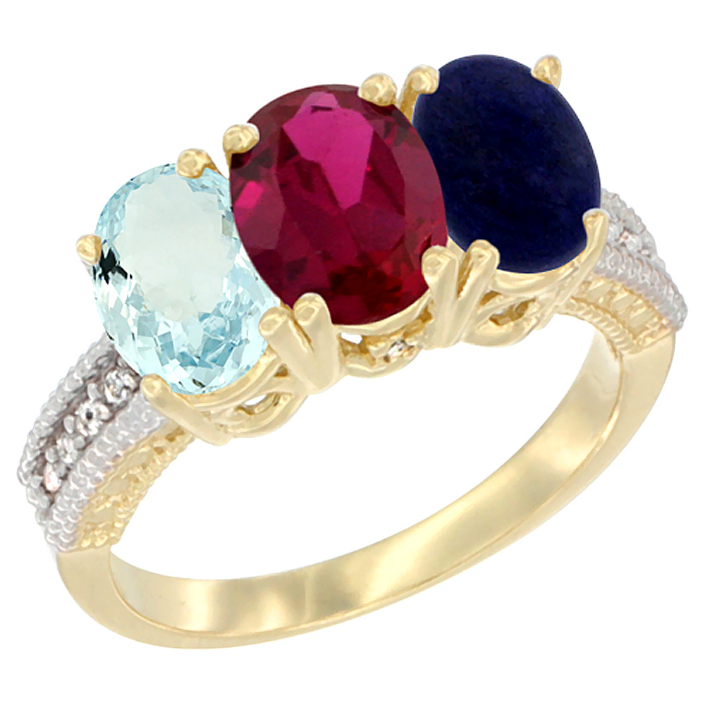 14K Yellow Gold Natural Aquamarine, Enhanced Ruby & Natural Lapis Ring 3-Stone Oval 7x5 mm Diamond Accent, sizes 5 - 10
