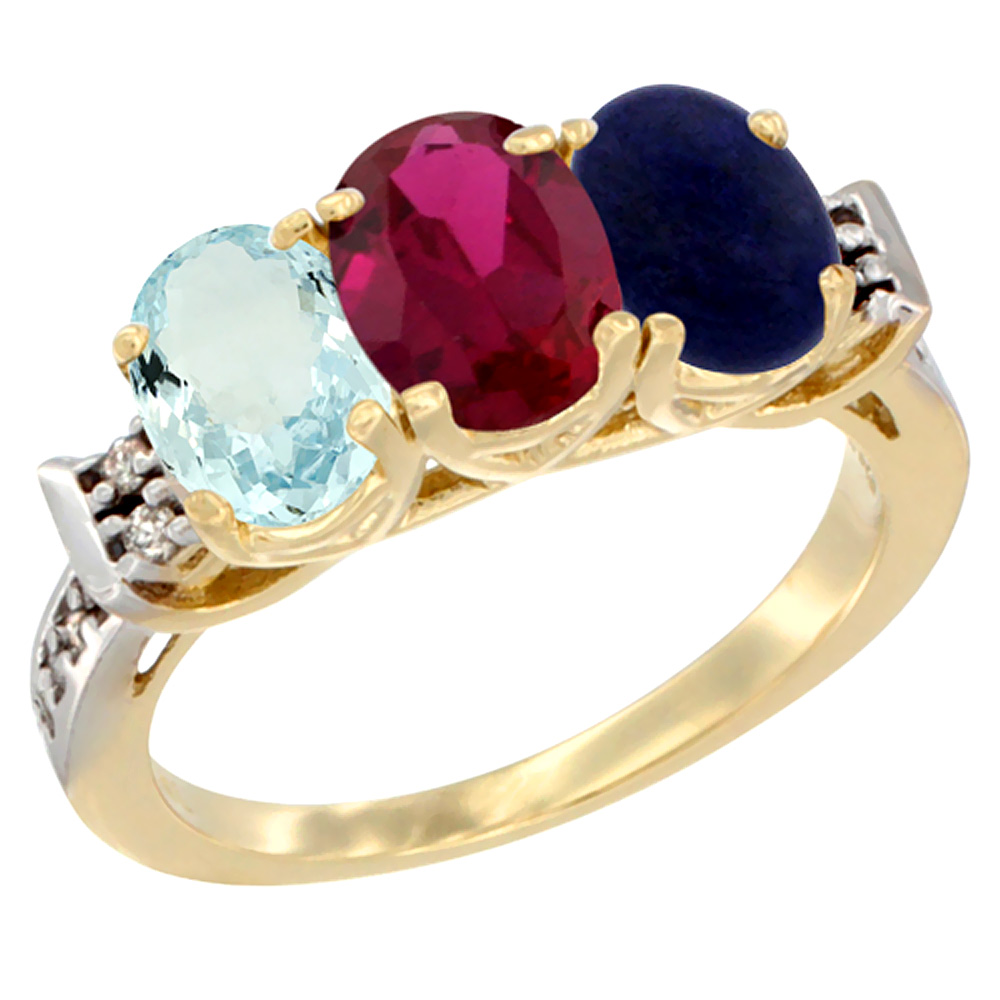 10K Yellow Gold Natural Aquamarine, Enhanced Ruby & Natural Lapis Ring 3-Stone Oval 7x5 mm Diamond Accent, sizes 5 - 10