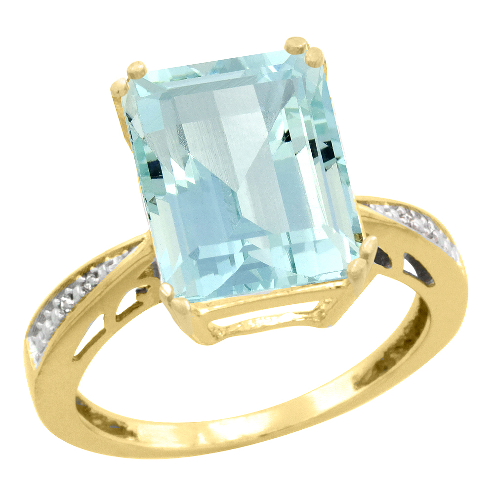 10K Yellow Gold Diamond Natural Aquamarine Ring Emerald-cut 12x10mm, sizes 5-10