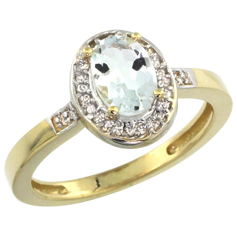 10K Yellow Gold Diamond Natural Aquamarine Engagement Ring Oval 7x5mm, sizes 5-10