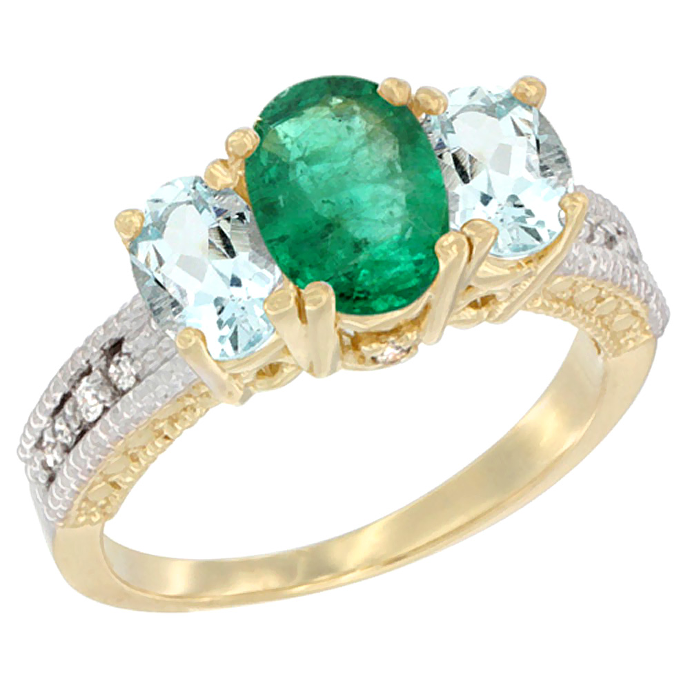 10K Yellow Gold Diamond Natural Quality Emerald 7x5mm &amp; 6x4mm Aquamarine Oval 3-stone Mothers Ring,sz5-10