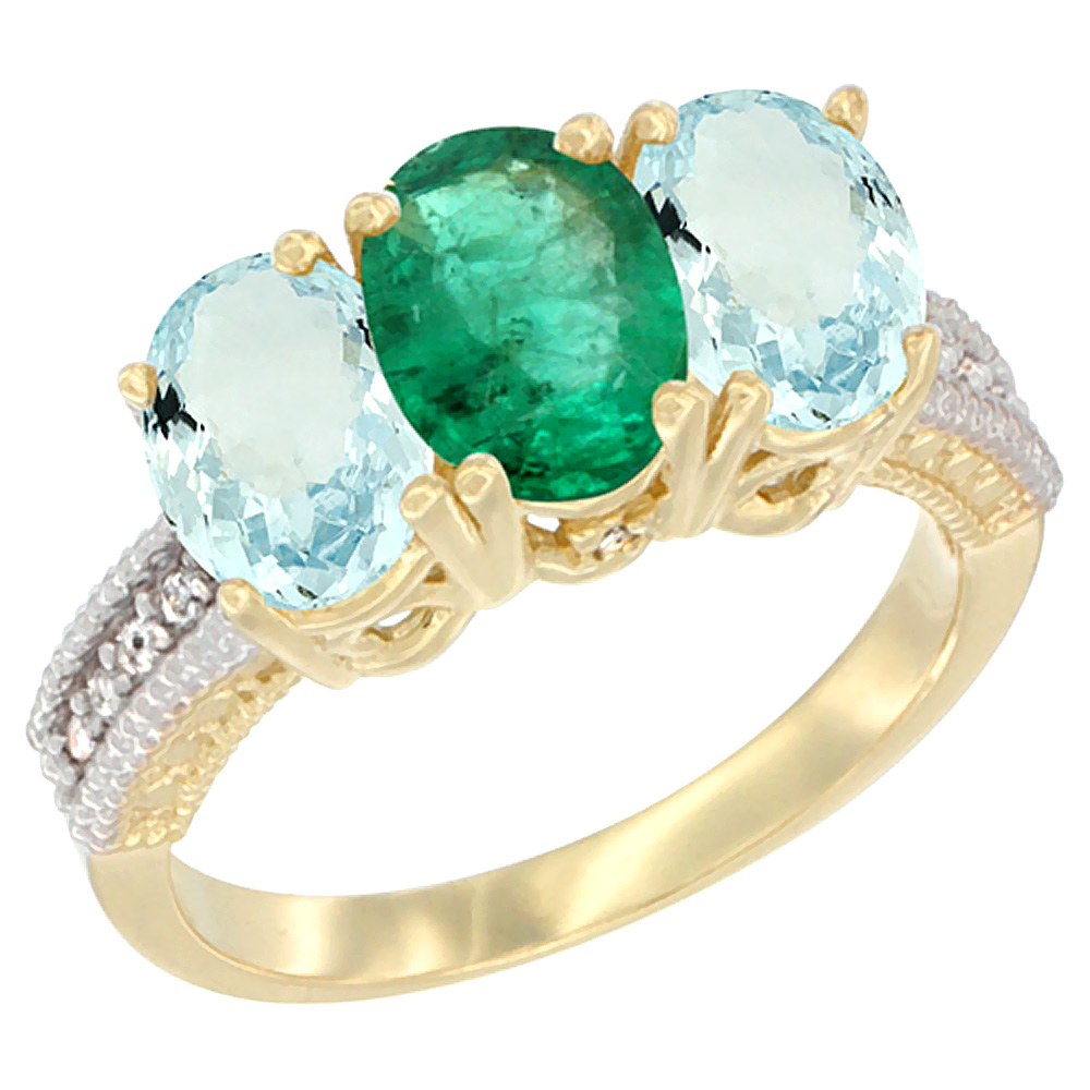 14K Yellow Gold Natural Emerald &amp; Aquamarine Sides Ring 3-Stone Oval 7x5 mm Diamond Accent, sizes 5 - 10