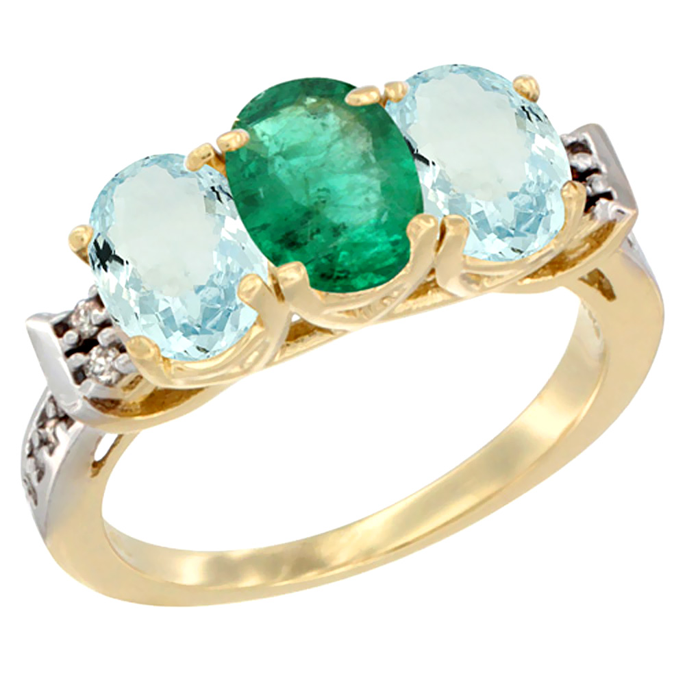 14K Yellow Gold Natural Emerald &amp; Aquamarine Sides Ring 3-Stone Oval 7x5 mm Diamond Accent, sizes 5 - 10
