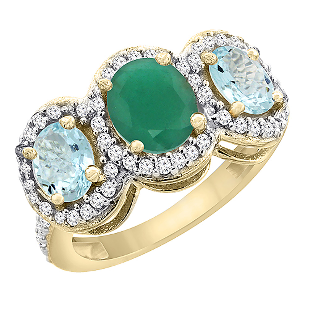 10K Yellow Gold Natural Cabochon Emerald &amp; Aquamarine 3-Stone Ring Oval Diamond Accent, sizes 5 - 10