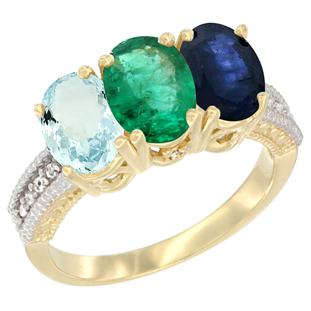 10K Yellow Gold Natural Aquamarine, Emerald &amp; Blue Sapphire Ring 3-Stone Oval 7x5 mm, sizes 5 - 10