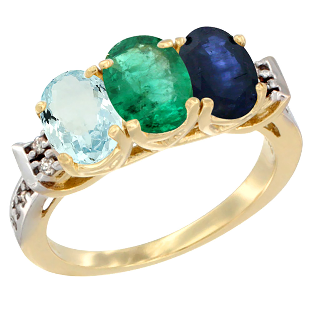 10K Yellow Gold Natural Aquamarine, Emerald &amp; Blue Sapphire Ring 3-Stone Oval 7x5 mm Diamond Accent, sizes 5 - 10